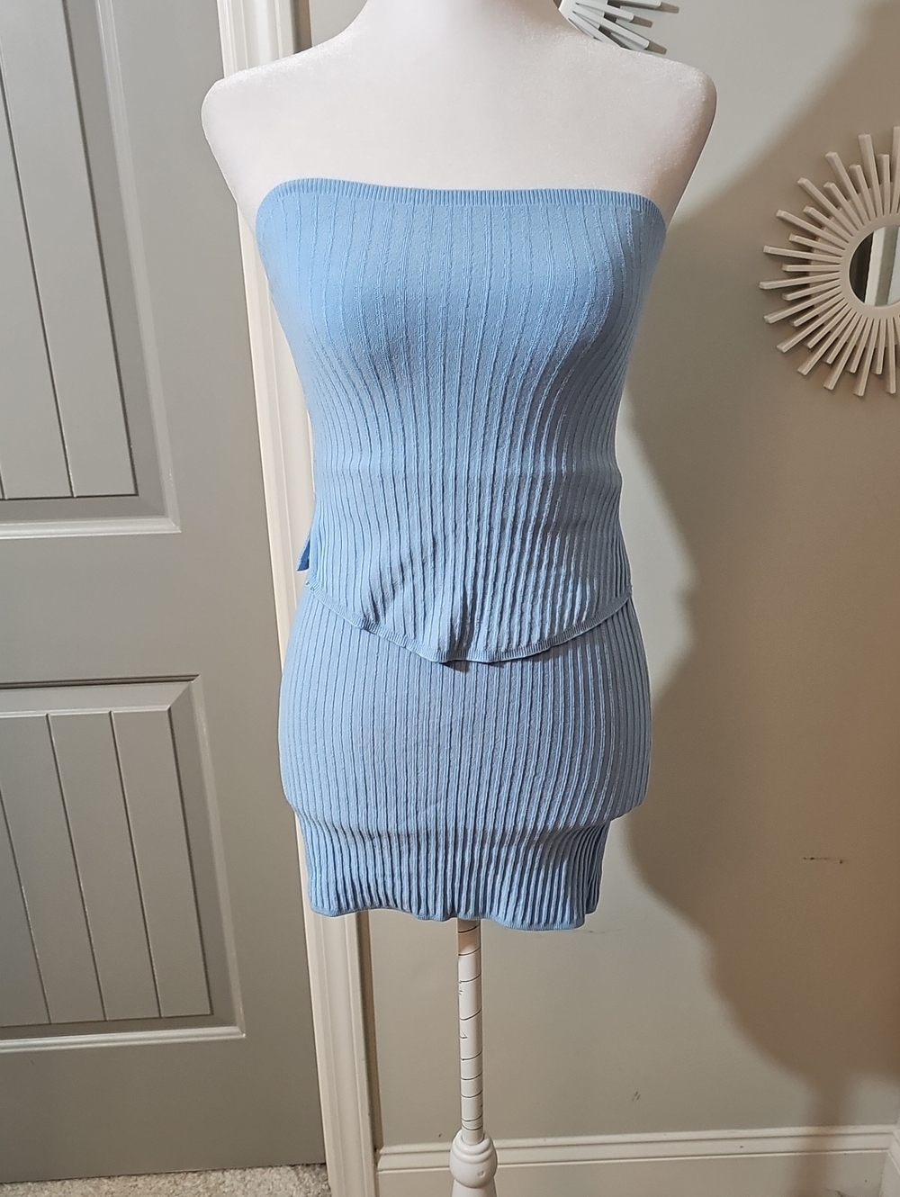 SHEIN Light Blue Ribbed Tube Top With Matching Mini Skirt